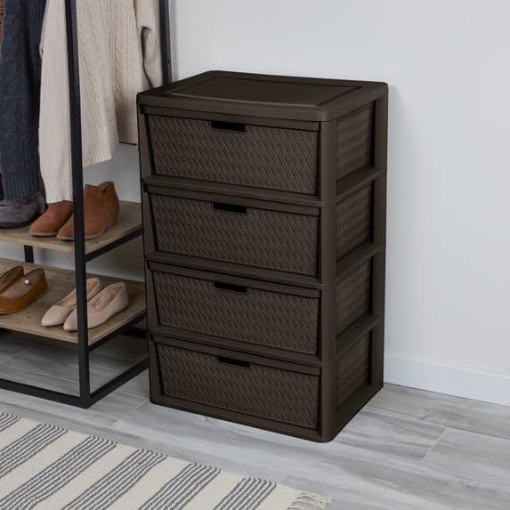 4 Drawer Plastic Storage Tower with Removable Bins Brown P140