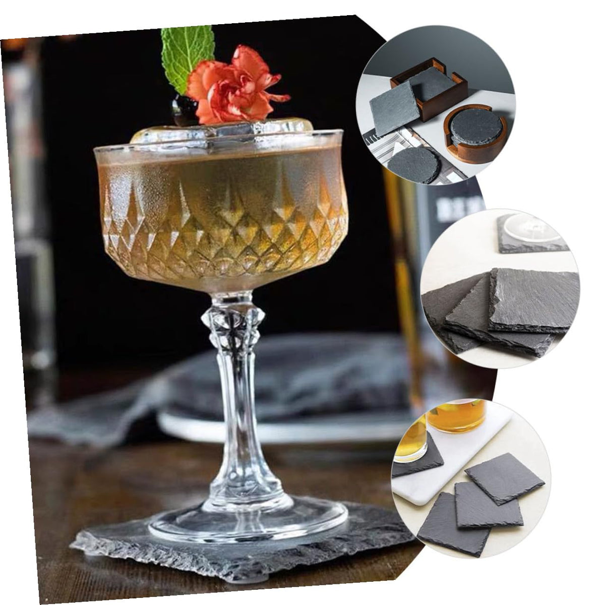 Black 12pcs Natural Stone Cup Coaster Set I620817
