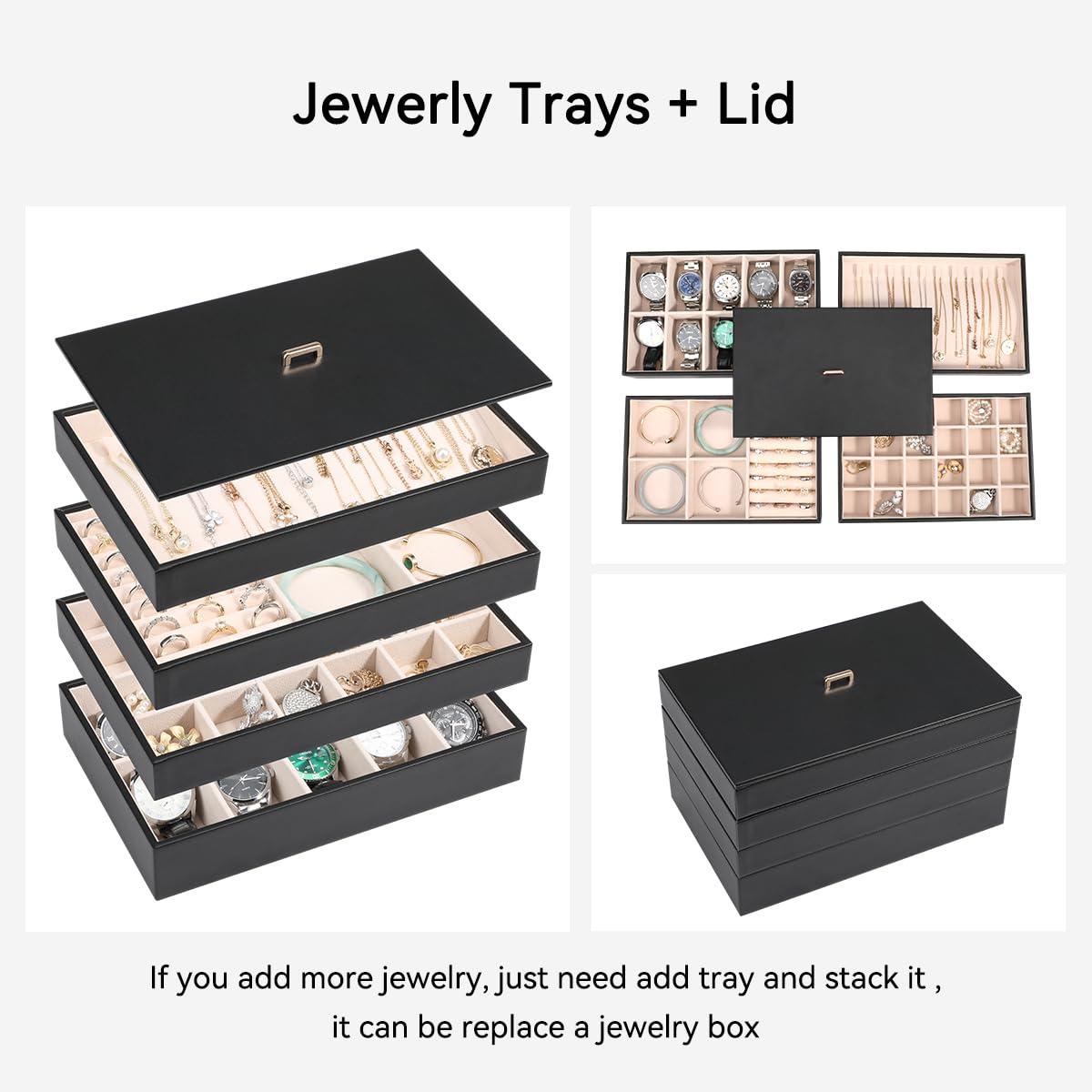 Stackable Jewelry Organizer Tray with Lid Set of 4 Black J941