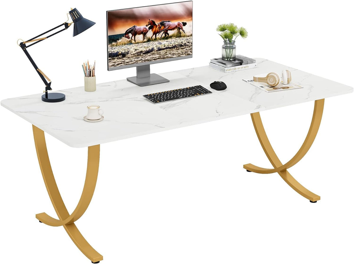 63” Large White and Gold Office Desk R983810