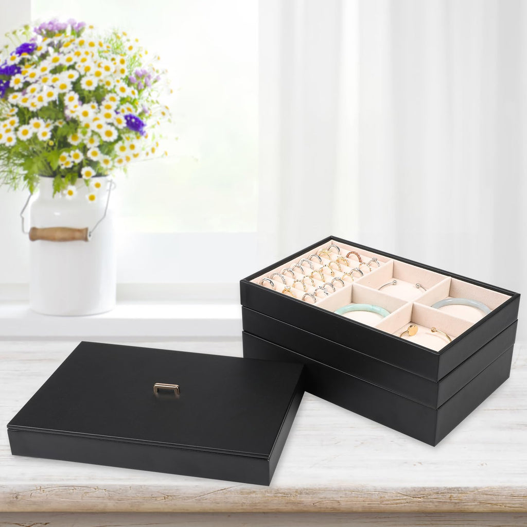Stackable Jewelry Organizer Tray with Lid Set of 4 Black J941