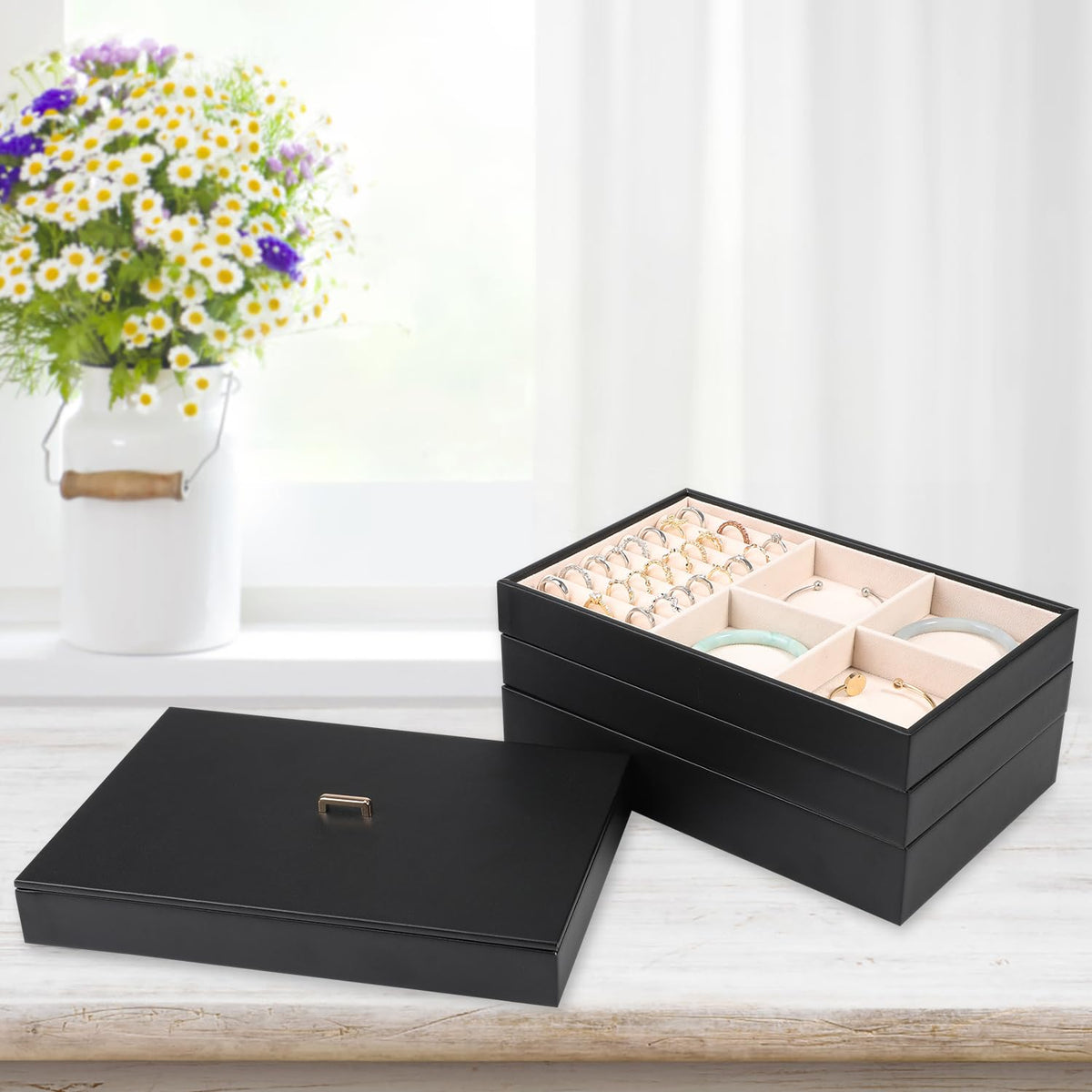Stackable Jewelry Organizer Tray with Lid Set of 4 Black J941
