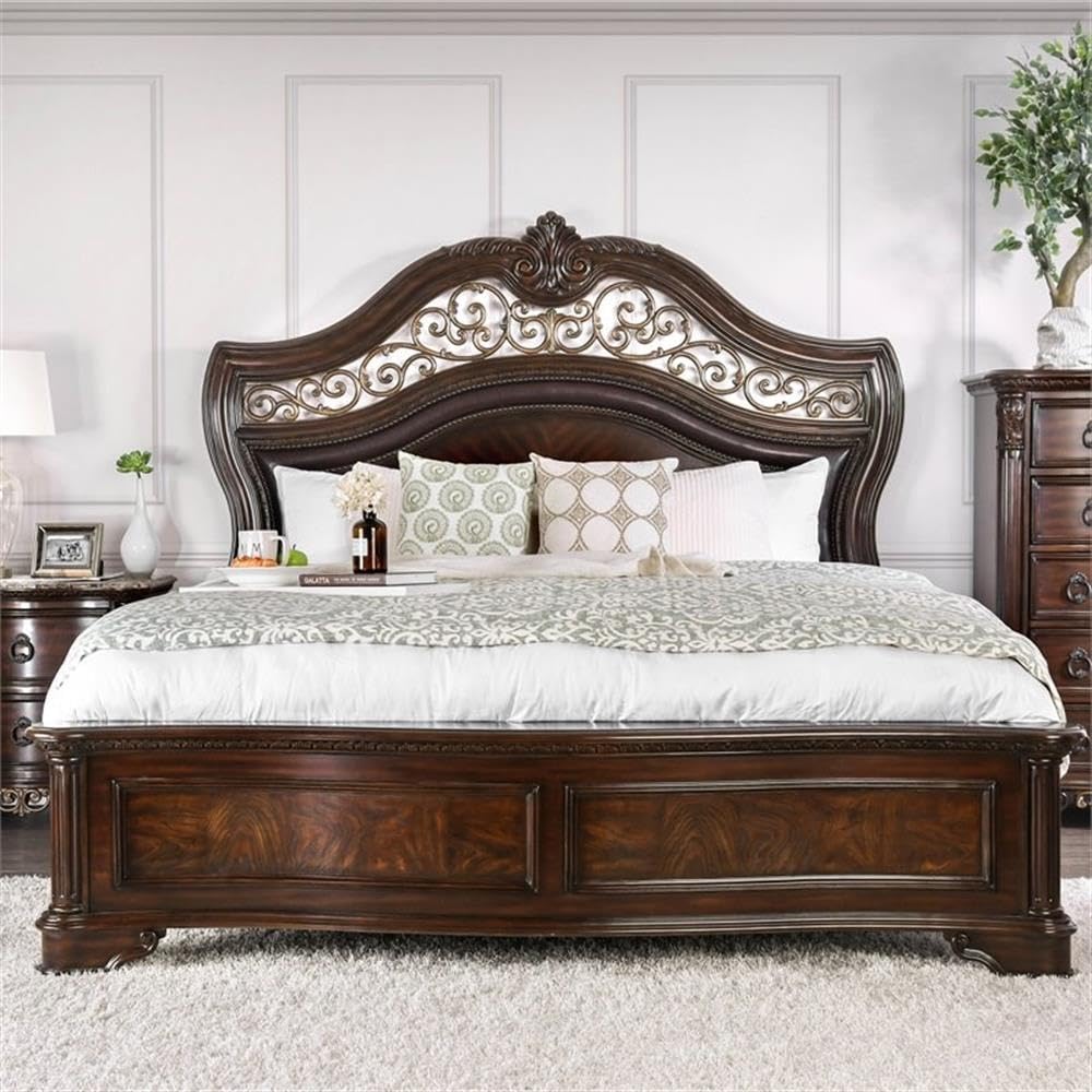 King Wood Panel Bed in Brown Cherry T58407