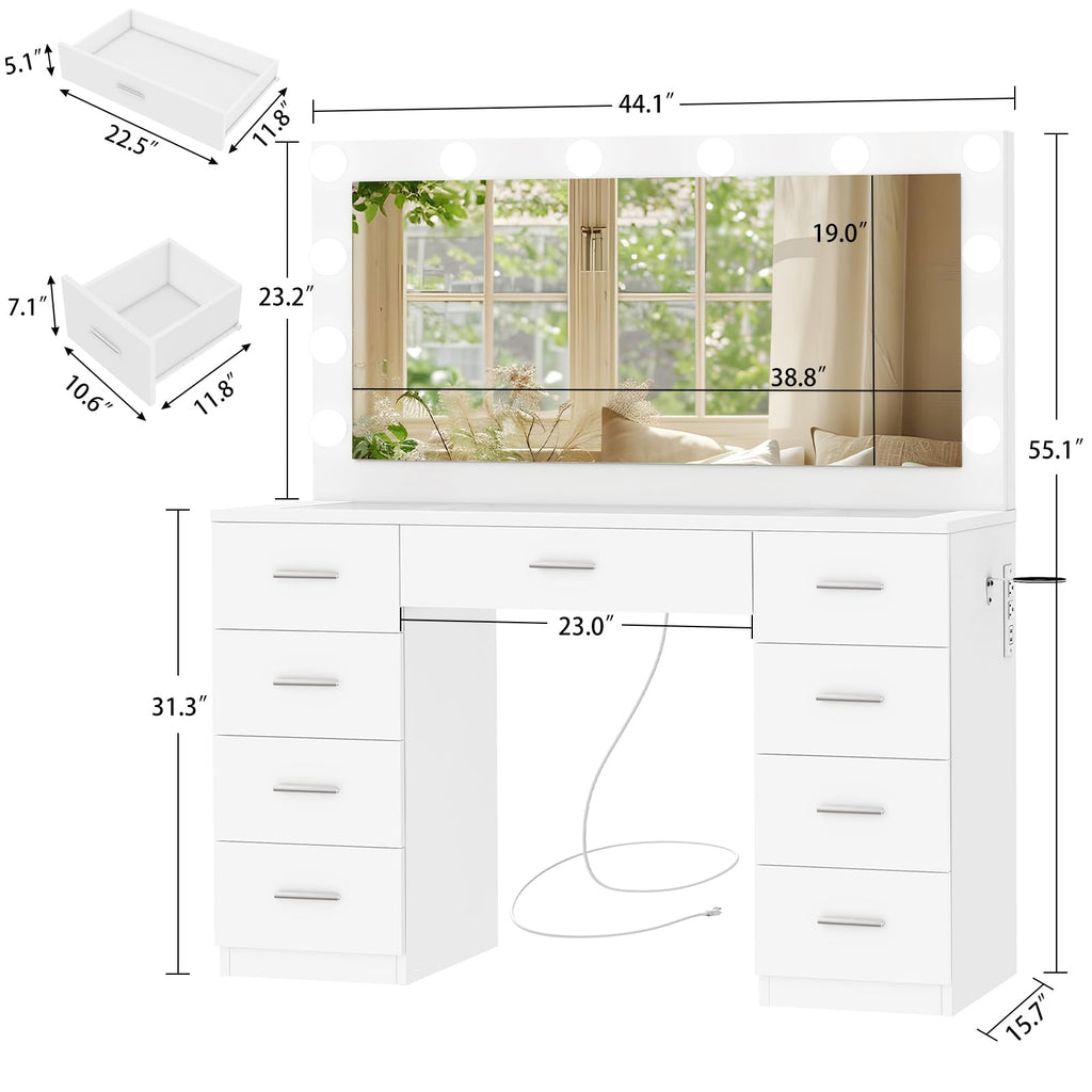 White Vanity Desk with Lighted Mirror and 9 Drawers G742259