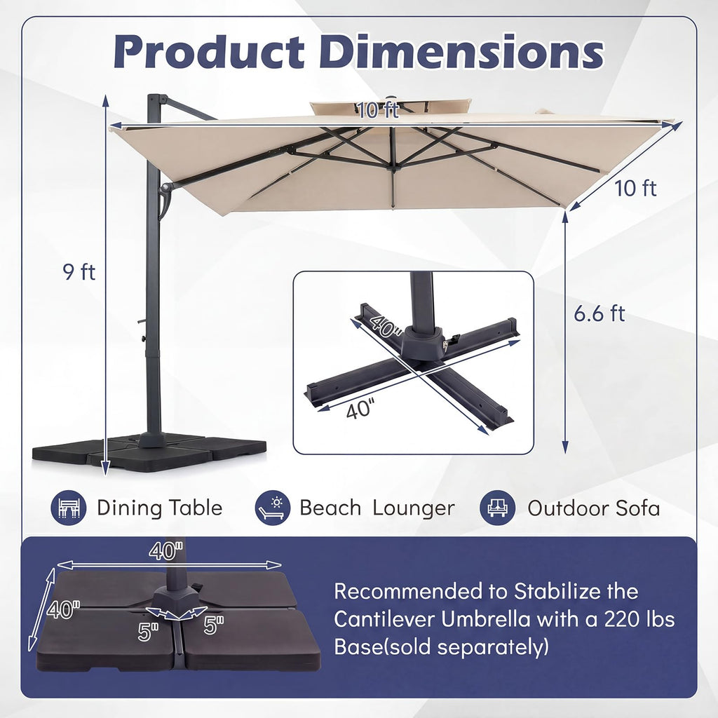 10 FT Square Offset Cantilever Patio Umbrella with 360° Rotation R4210