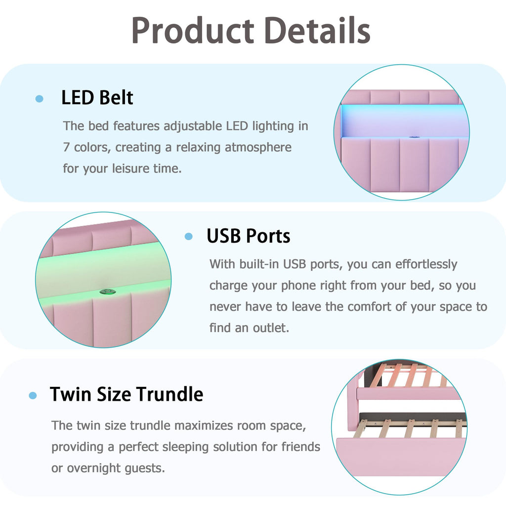 Twin Size Upholstered Platform Bed with Trundle and USB Ports, Pink M992