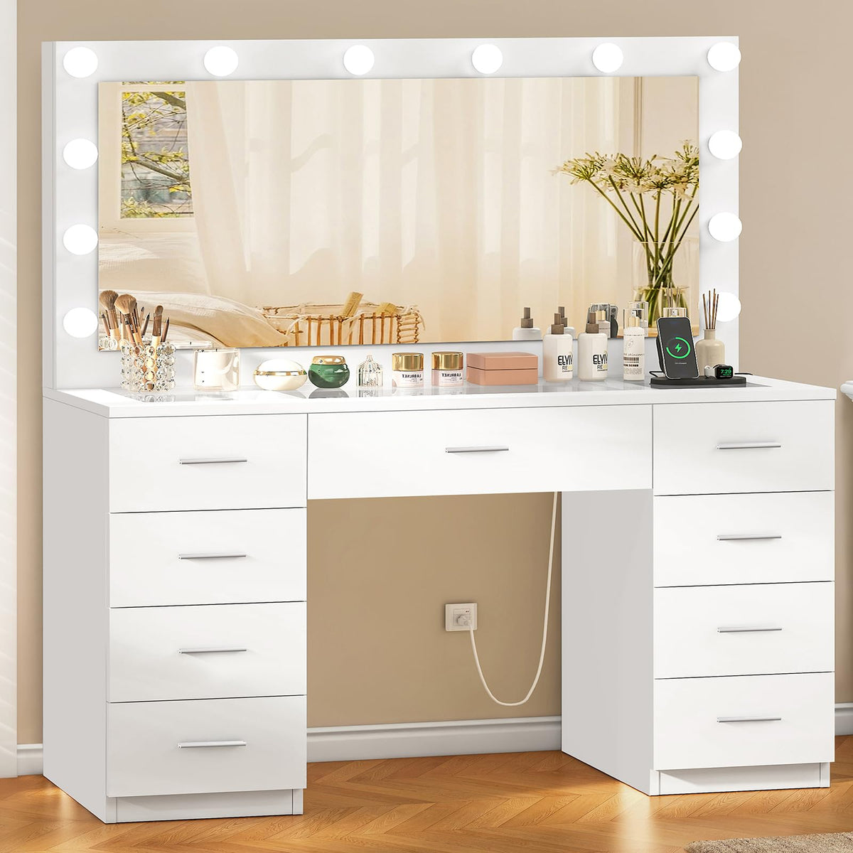 White Vanity Desk with Lighted Mirror and 9 Drawers G742259