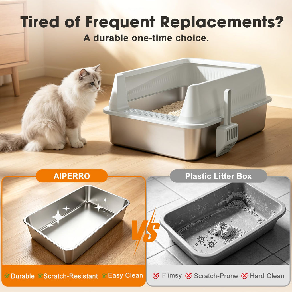 Stainless Steel High Sided Cat Litter Box with Lid W18266