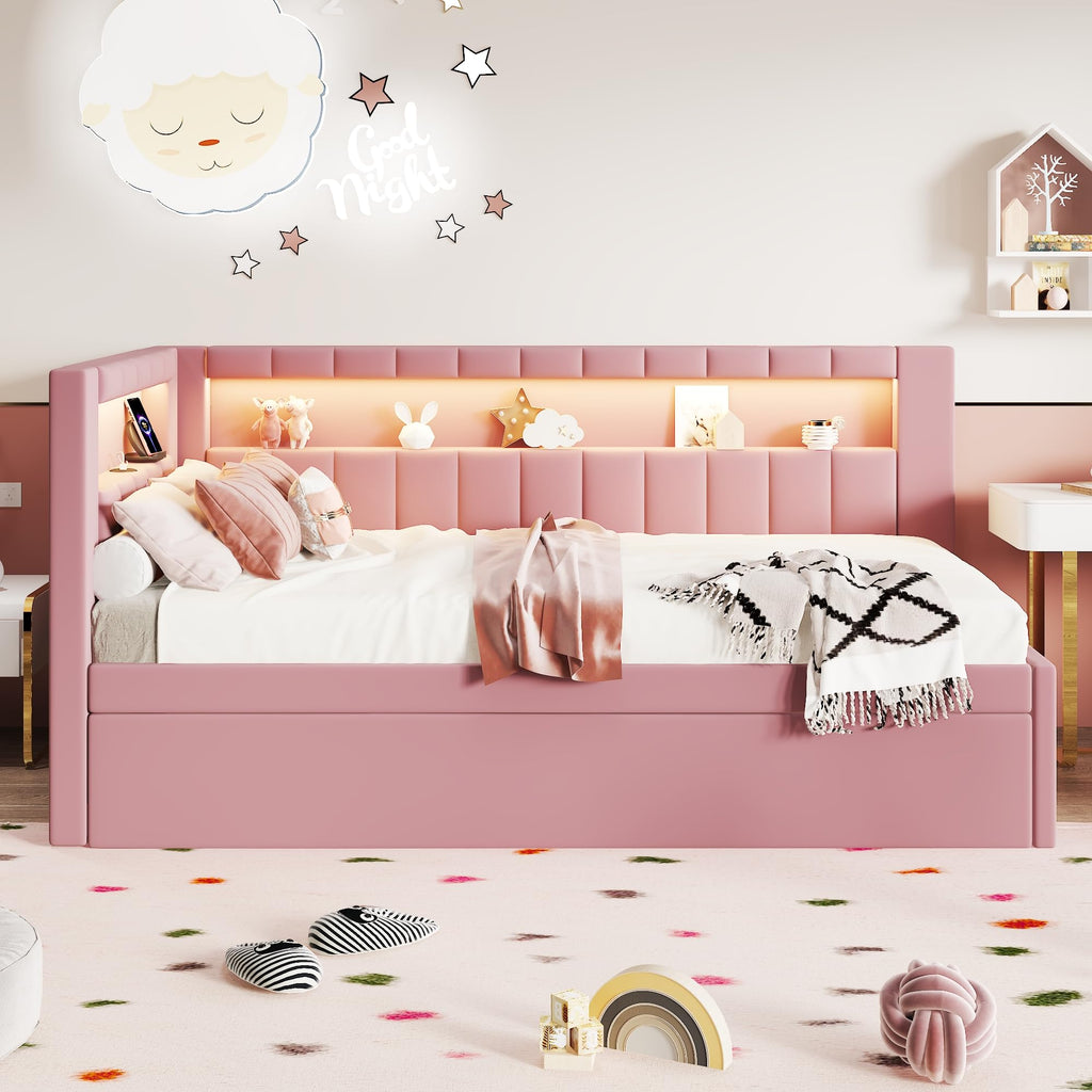 Twin Size Upholstered Platform Bed with Trundle and USB Ports, Pink M992