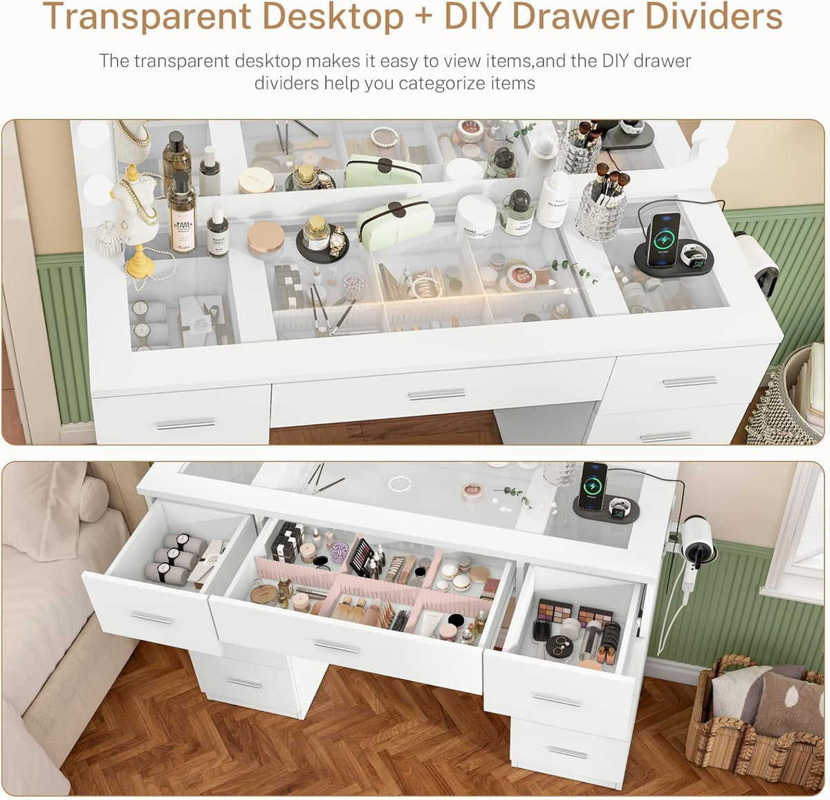 White Vanity Desk with Lighted Mirror and 9 Drawers G742259