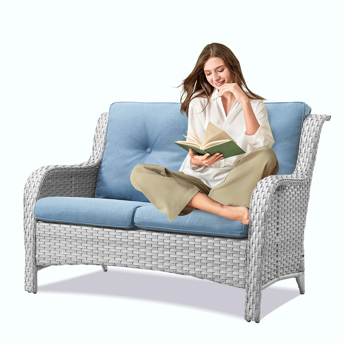 Light Gray Wicker Rattan Outdoor Loveseat Bench Z8860