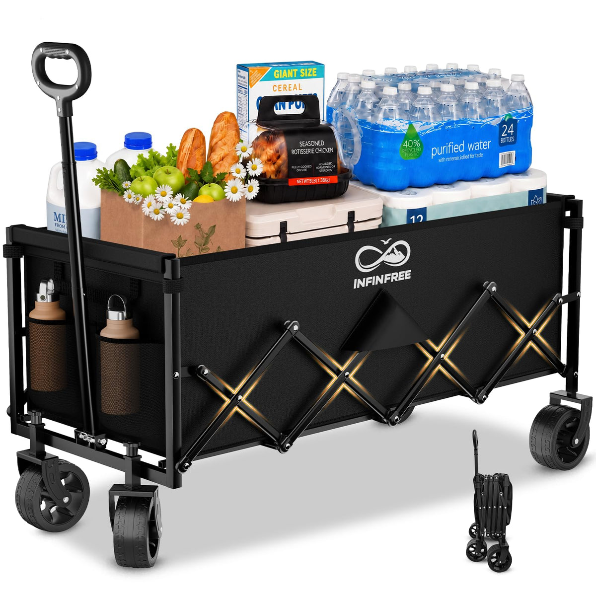 34" Extra Long Foldable Wagon with All-Terrain Wheels, 260 LBS Capacity Black Y40473