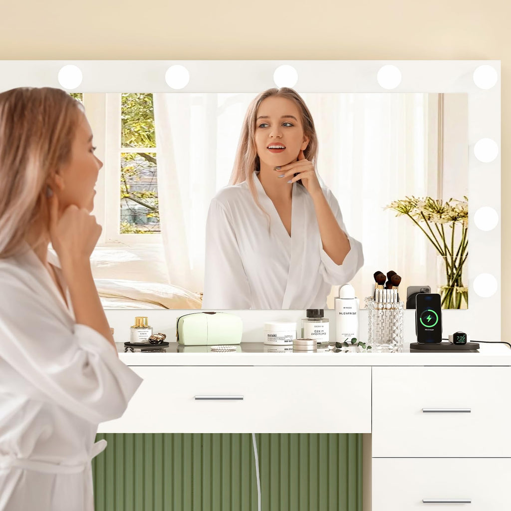 White Vanity Desk with Lighted Mirror and 9 Drawers G742259