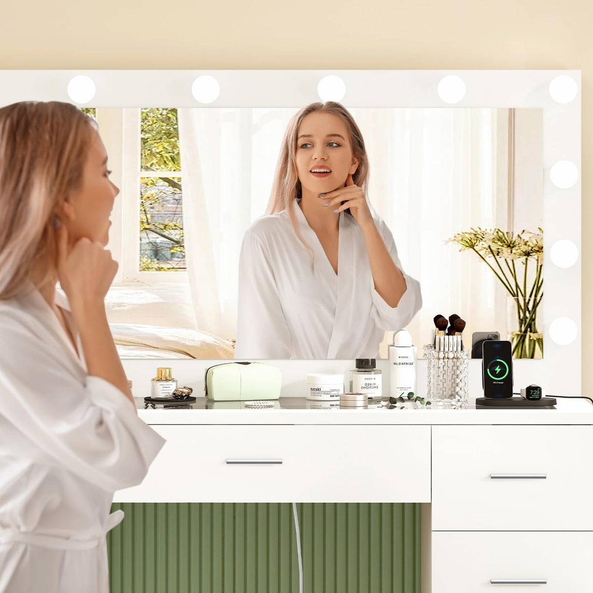 White Vanity Desk with Lighted Mirror and 9 Drawers G742259