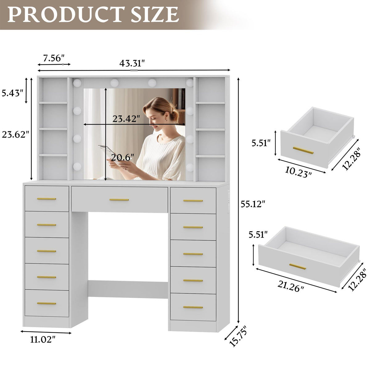 White Makeup Vanity with Mirror and Lights B5227
