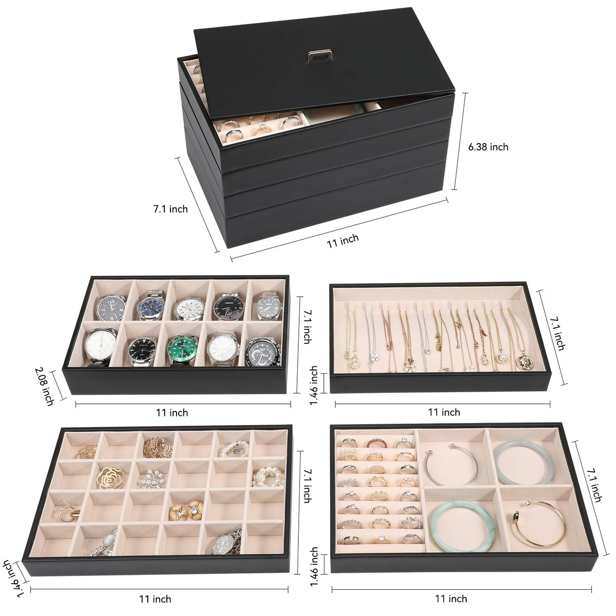 Stackable Jewelry Organizer Tray with Lid Set of 4 Black J941