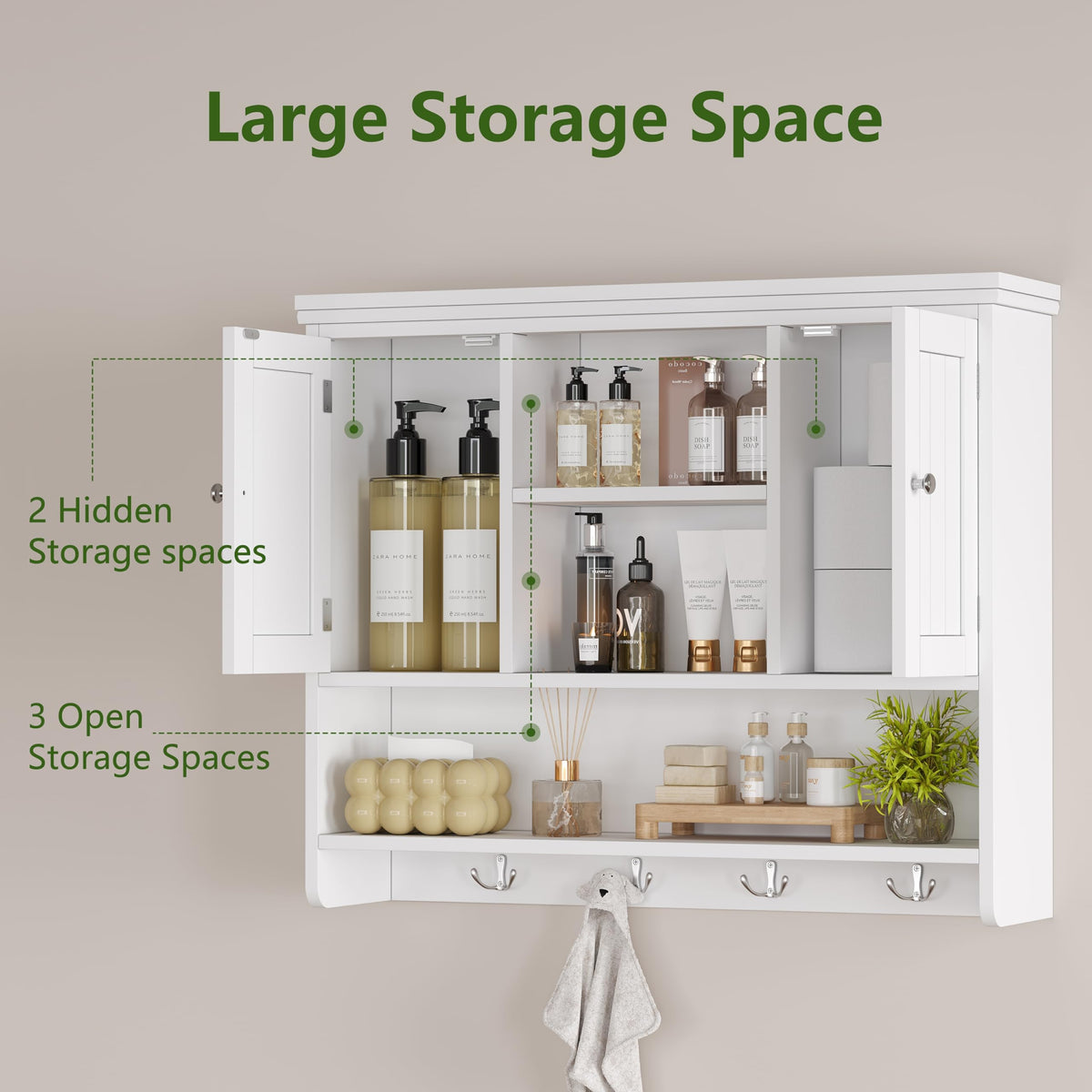31.5"W 3-Tier Wall Mounted Bathroom Cabinet with Hooks R466407