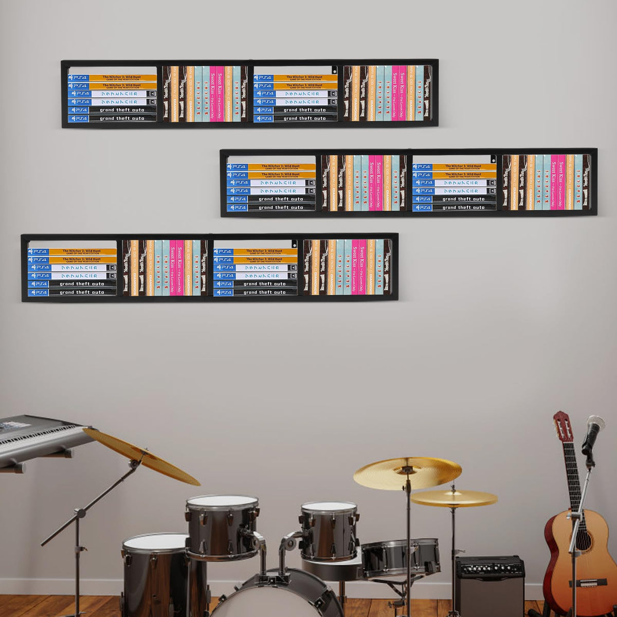 Black 3Pcs Wall Mount Media Storage Rack R527913