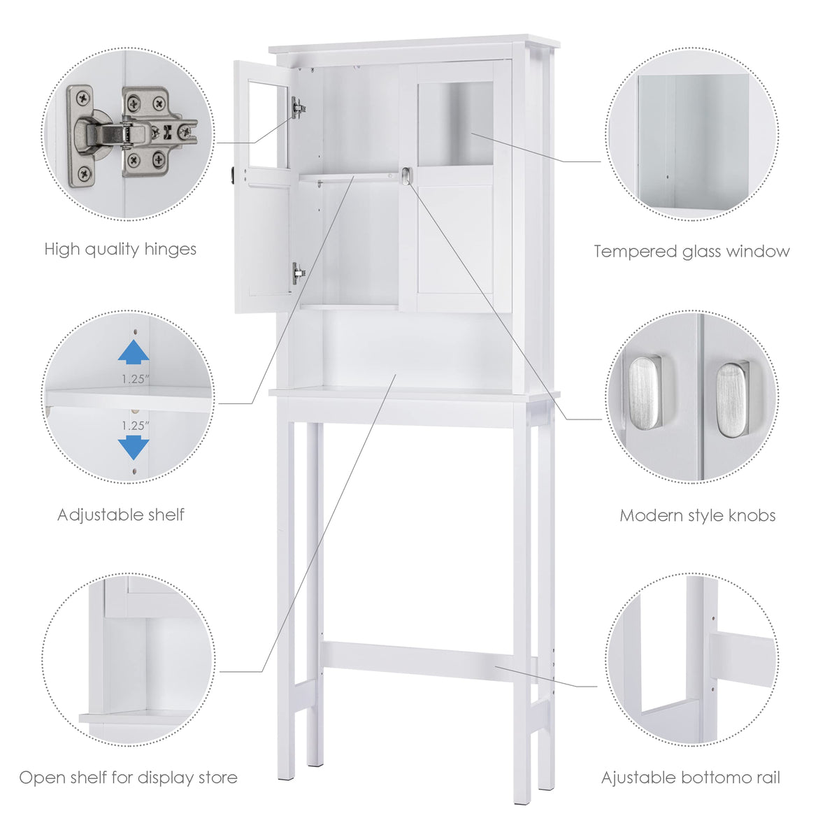 White Over the Toilet Storage Cabinet with Glass Doors W1437