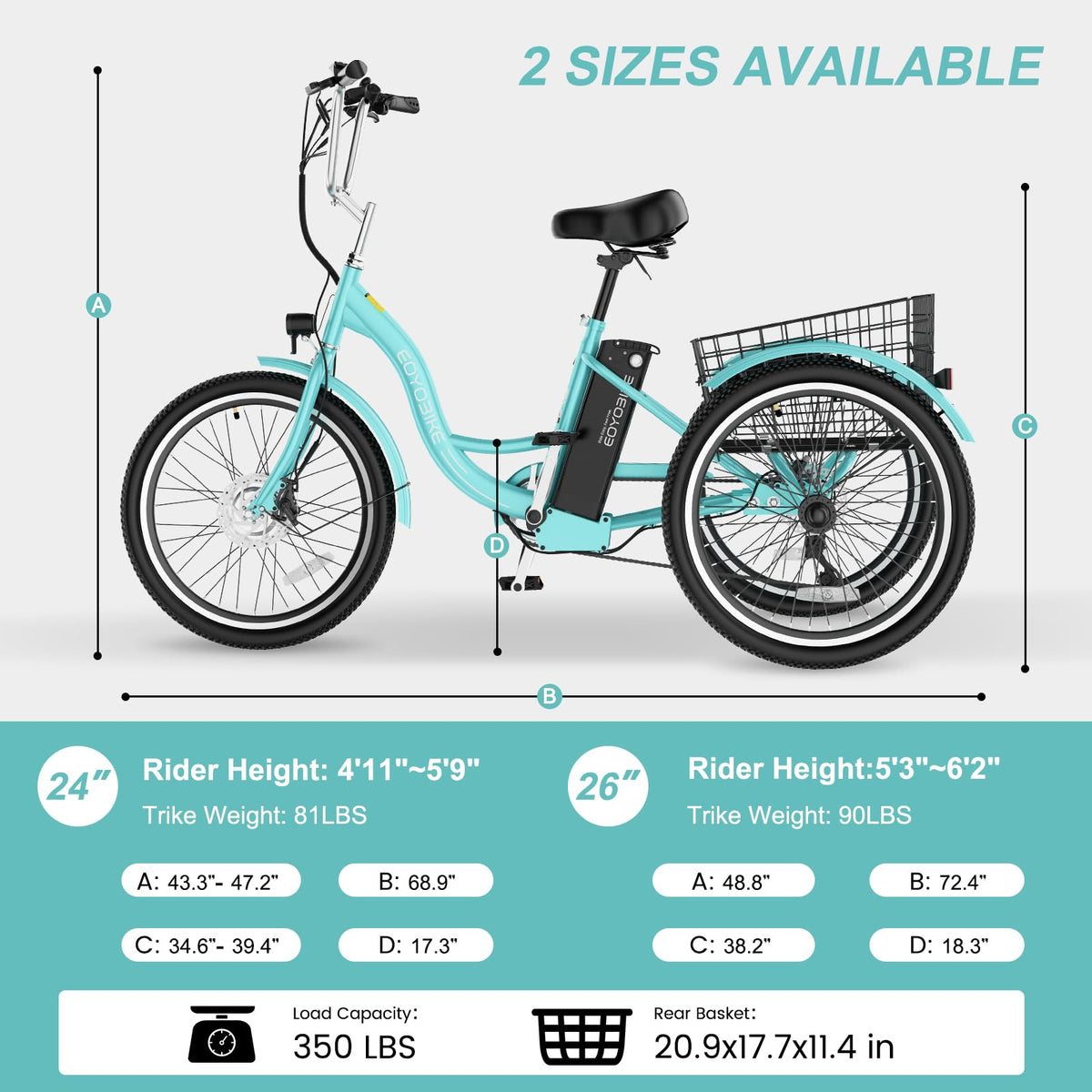 24/26 Inch 350W Electric Tricycle with Removable 36V Battery and Rear Basket T723700