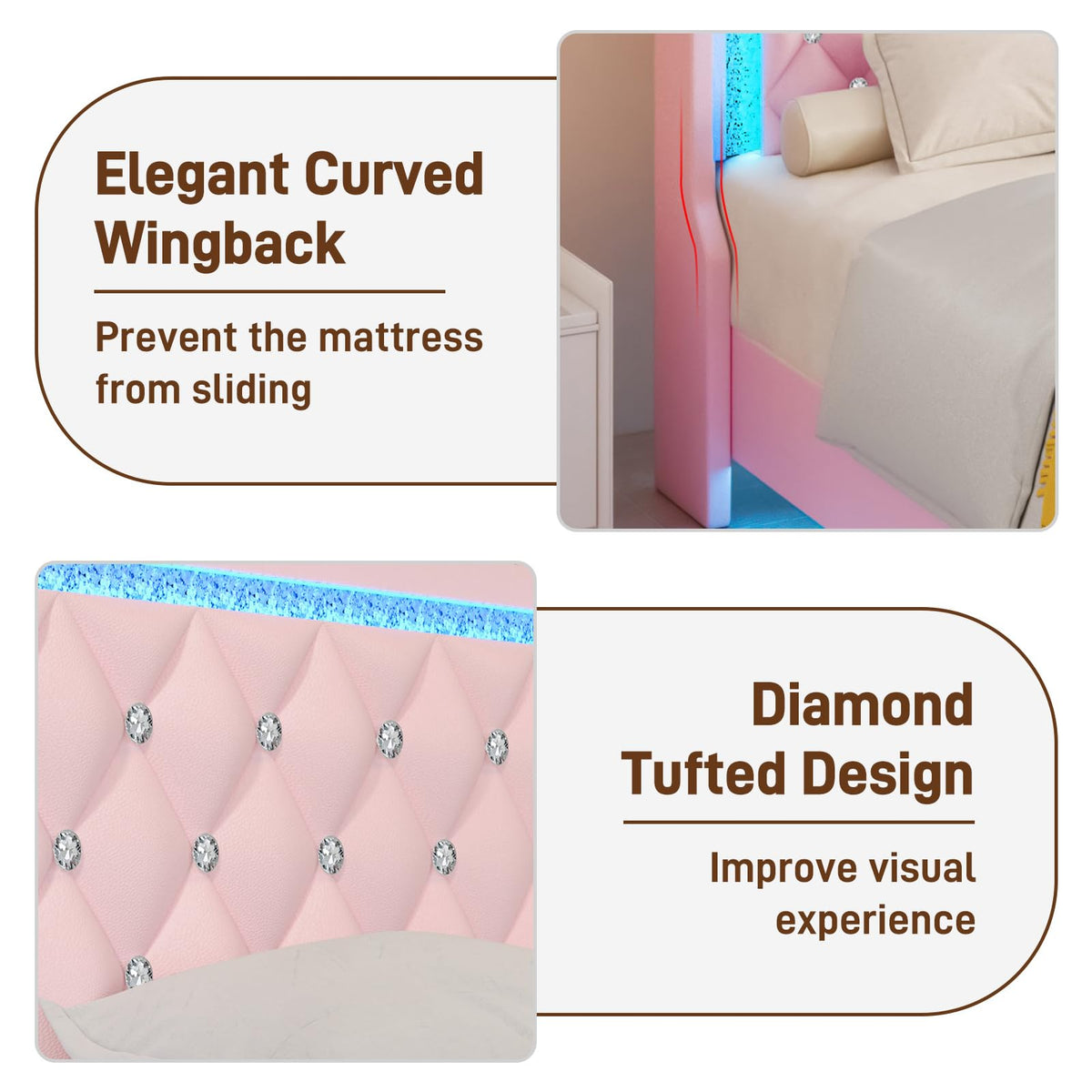 Pink Upholstered Full Size Bed Frame with Storage Headboard and 2 Drawers Y8691