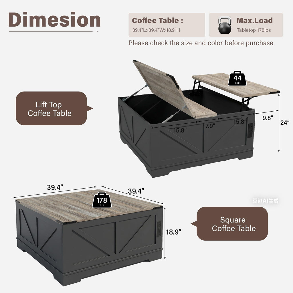 Black Lift Top Wood Coffee Table with Storage L1795