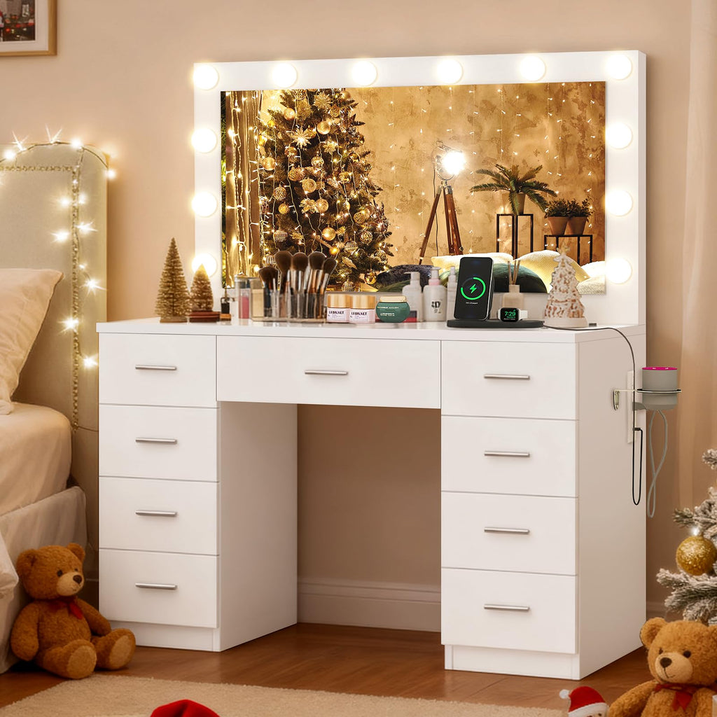 White Vanity Desk with Lighted Mirror and 9 Drawers G742259