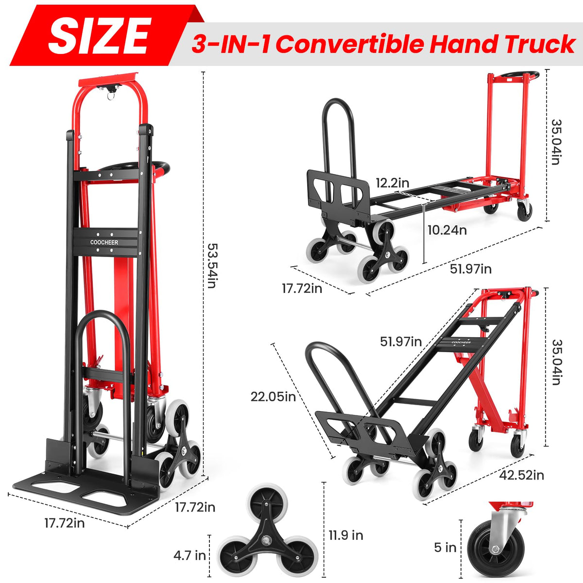 Heavy Duty 1000LBS 3 in 1 Convertible Folding Hand Truck Dolly Cart with Solid Wheels Q246