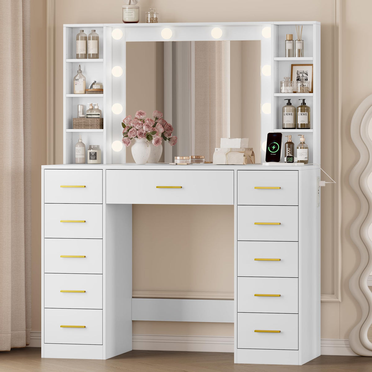 White Makeup Vanity with Mirror and Lights B5227