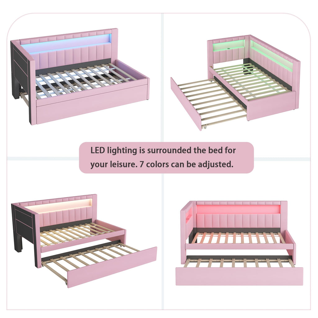 Twin Size Upholstered Platform Bed with Trundle and USB Ports, Pink M992