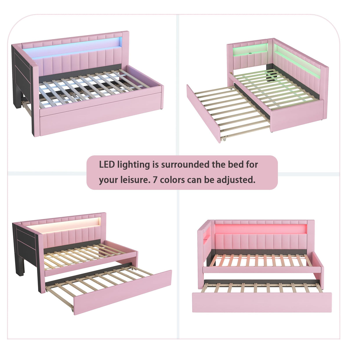 Twin Size Upholstered Platform Bed with Trundle and USB Ports, Pink M992