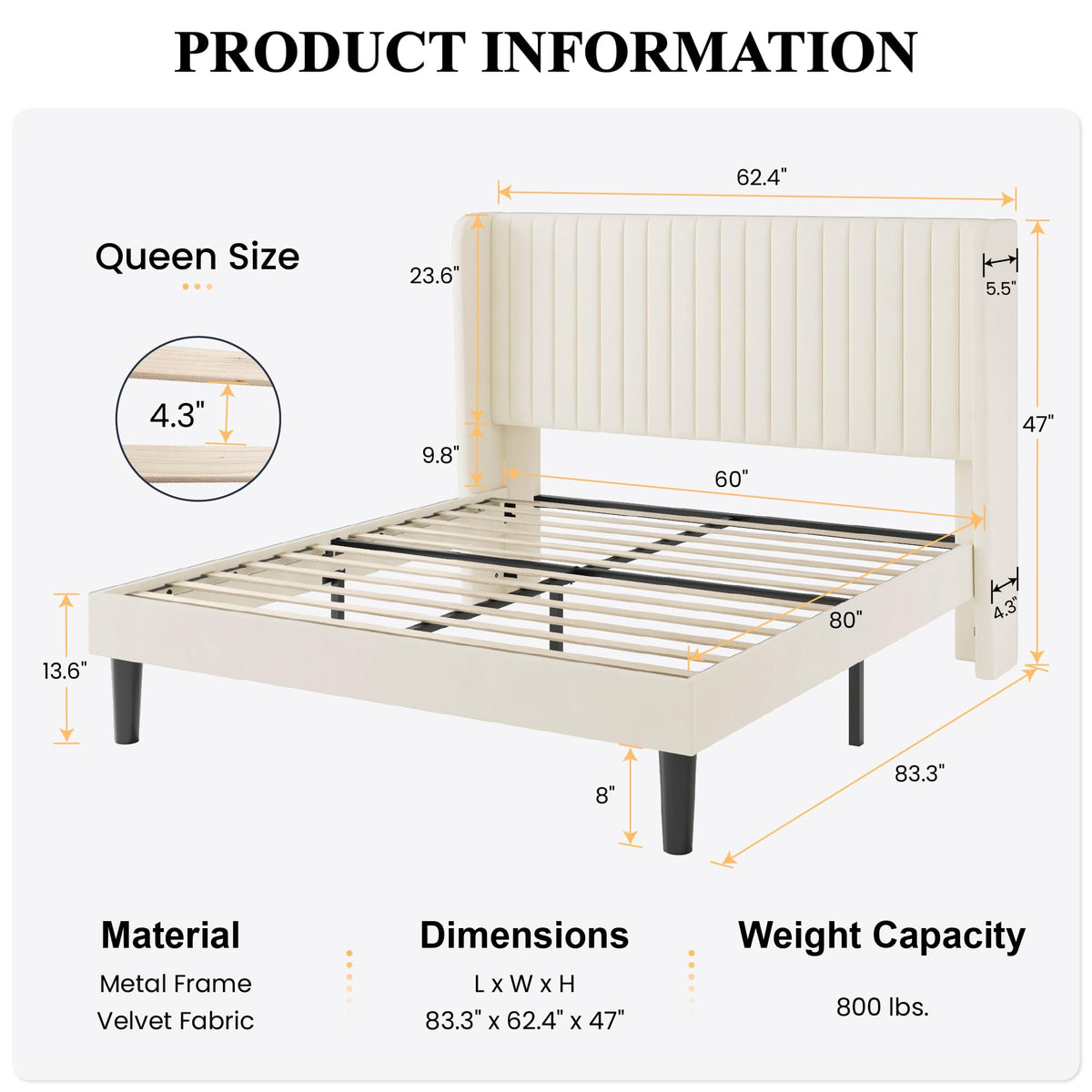 Queen Size Cream Velvet Bed Frame H81002
