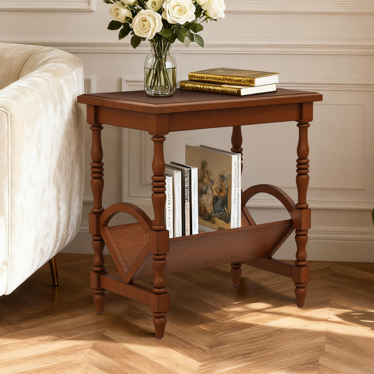Wood End Table with Magazine Rack and Rubberwood Legs J3089