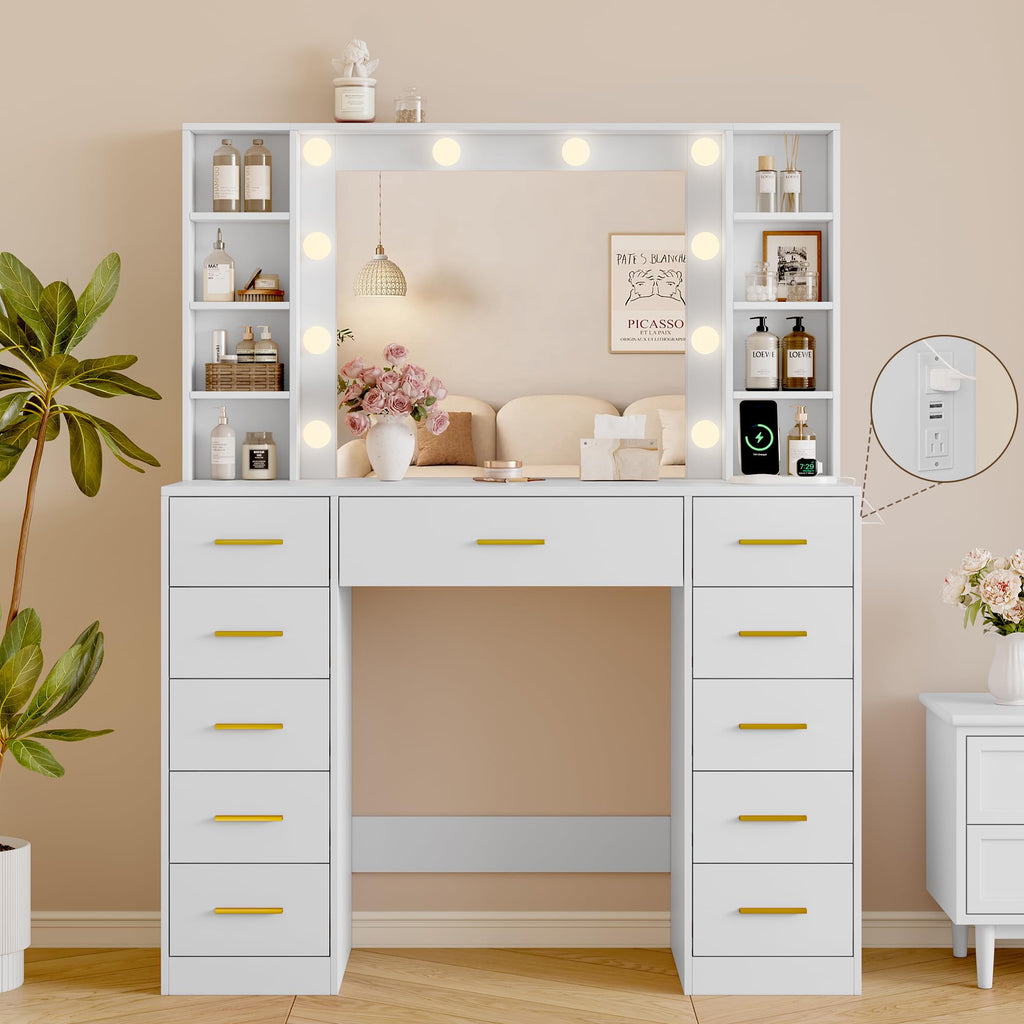 White Makeup Vanity with Mirror and Lights B5227
