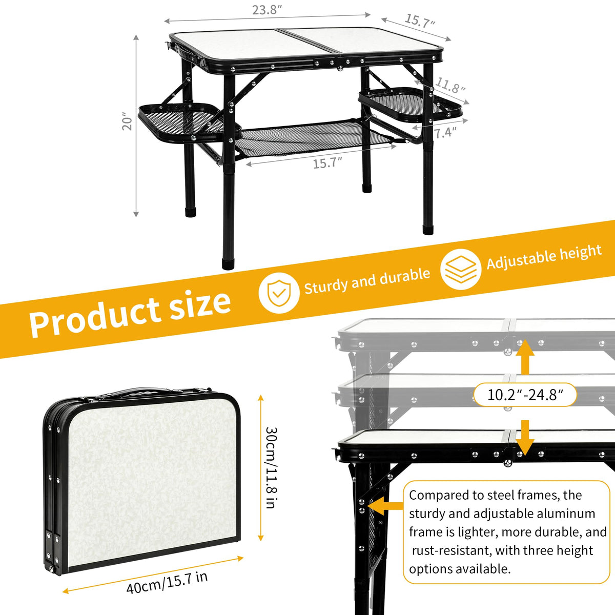 Folding Aluminum Camping Table 3-Height Adjustable with Carry Handle N499