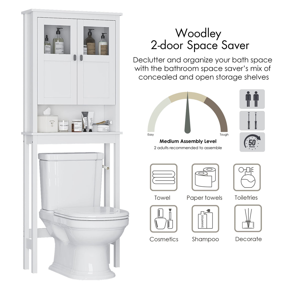 White Over the Toilet Storage Cabinet with Glass Doors W1437