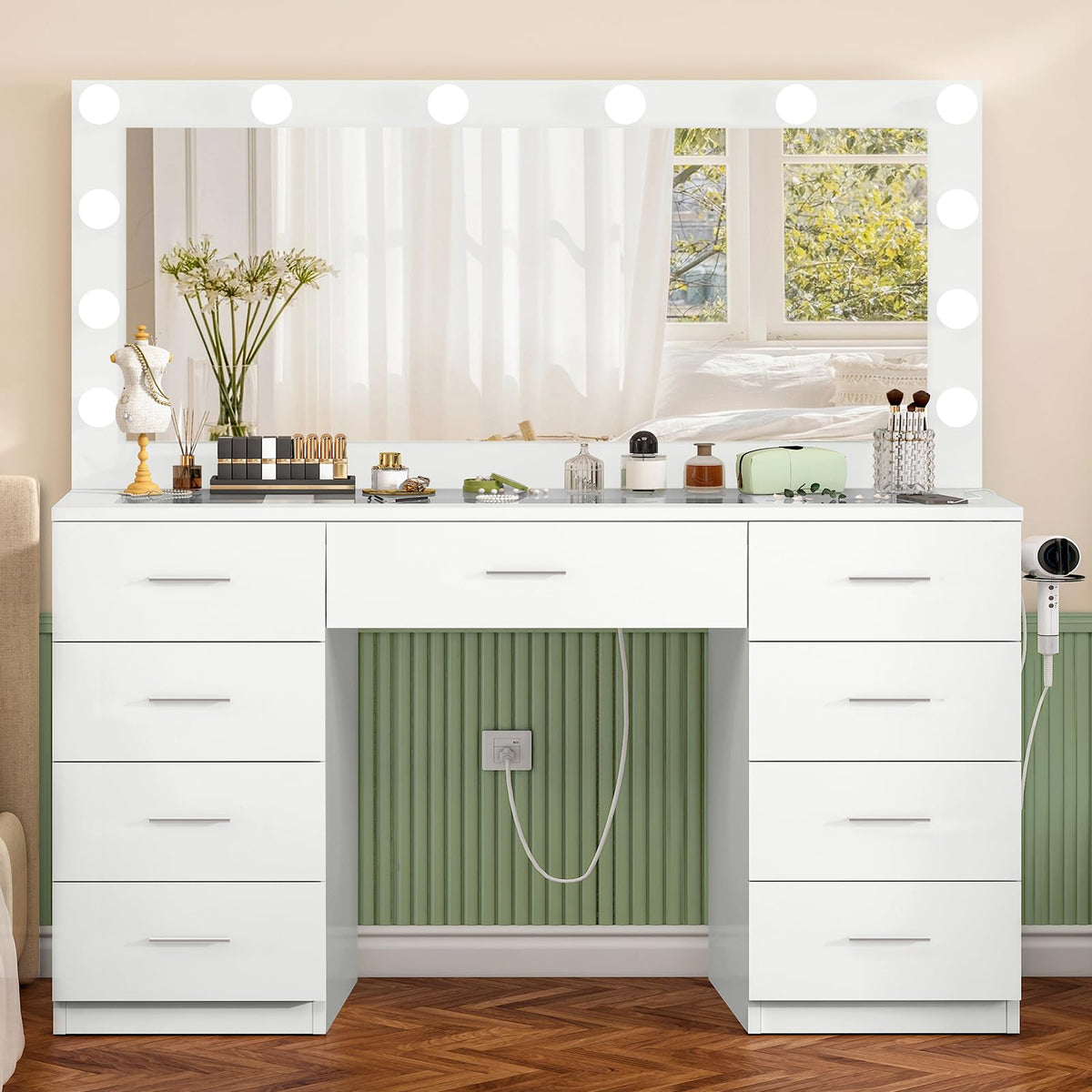 White Vanity Desk with Lighted Mirror and 9 Drawers G742259