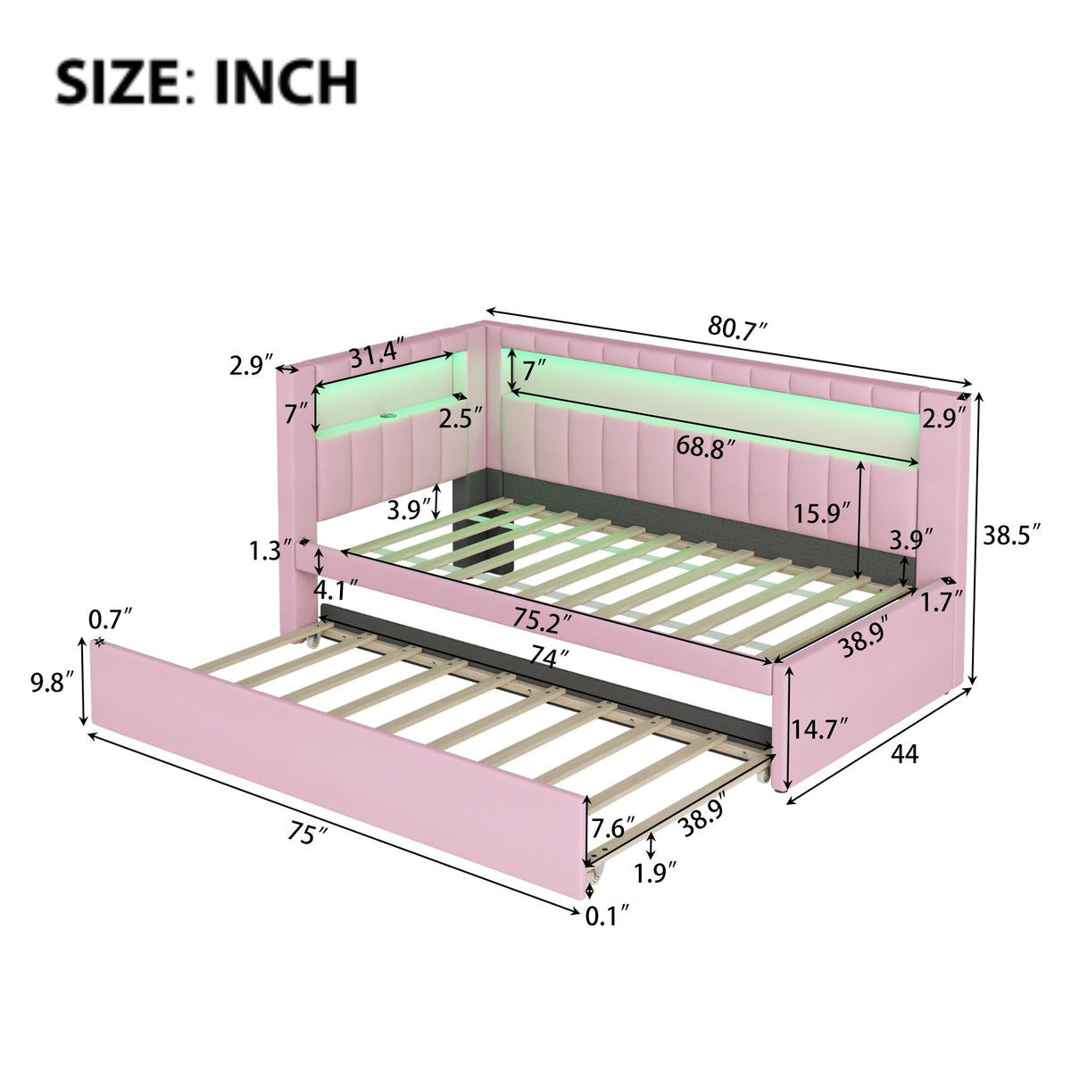 Twin Size Upholstered Platform Bed with Trundle and USB Ports, Pink M992