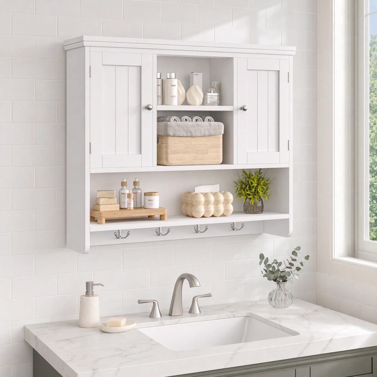 31.5"W 3-Tier Wall Mounted Bathroom Cabinet with Hooks R466407