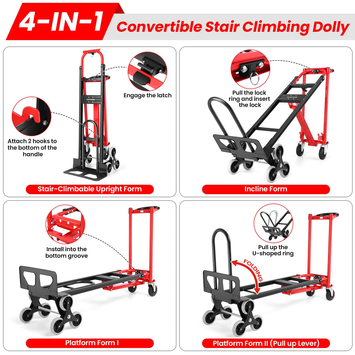 Heavy Duty 1000LBS 3 in 1 Convertible Folding Hand Truck Dolly Cart with Solid Wheels Q246