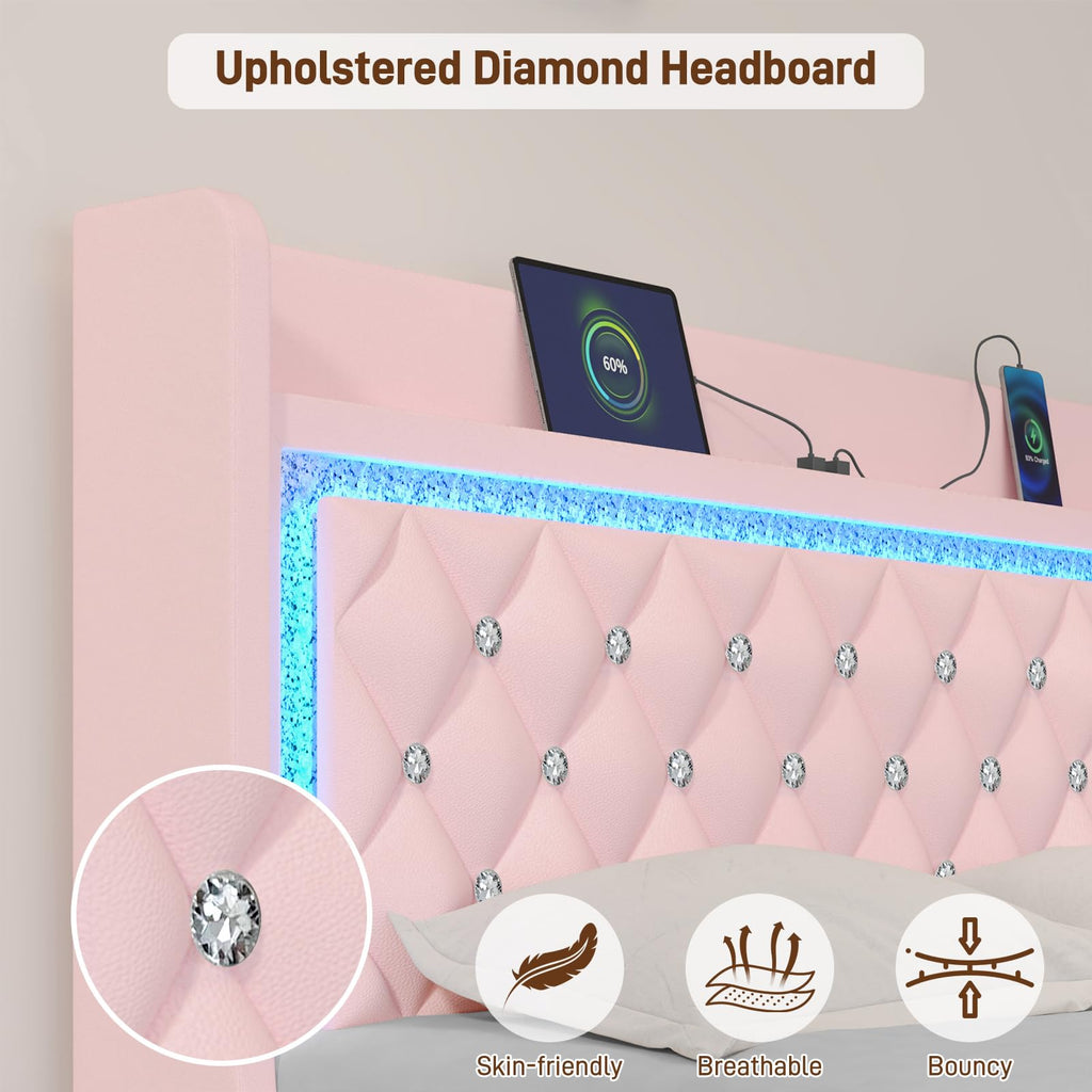 Pink Upholstered Full Size Bed Frame with Storage Headboard and 2 Drawers Y8691