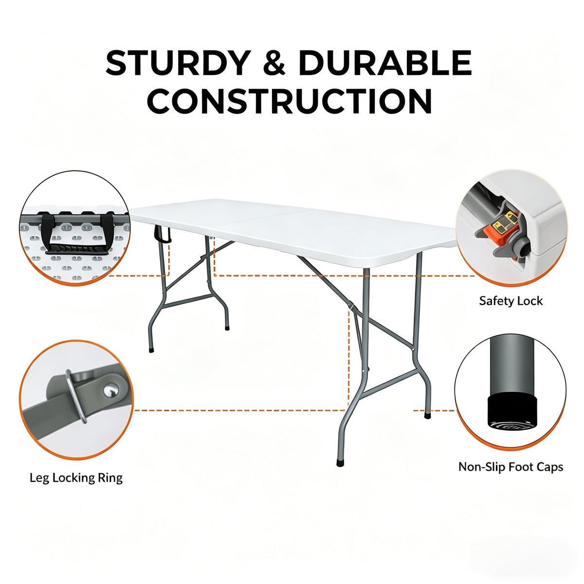 6ft Folding Table with Built in Handle & Steel Legs S394996