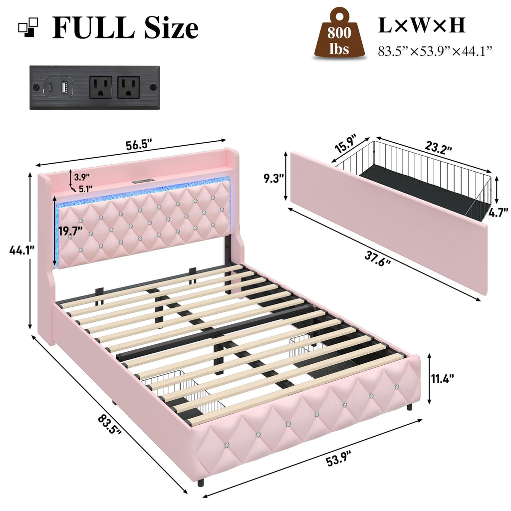 Pink Upholstered Full Size Bed Frame with Storage Headboard and 2 Drawers Y8691
