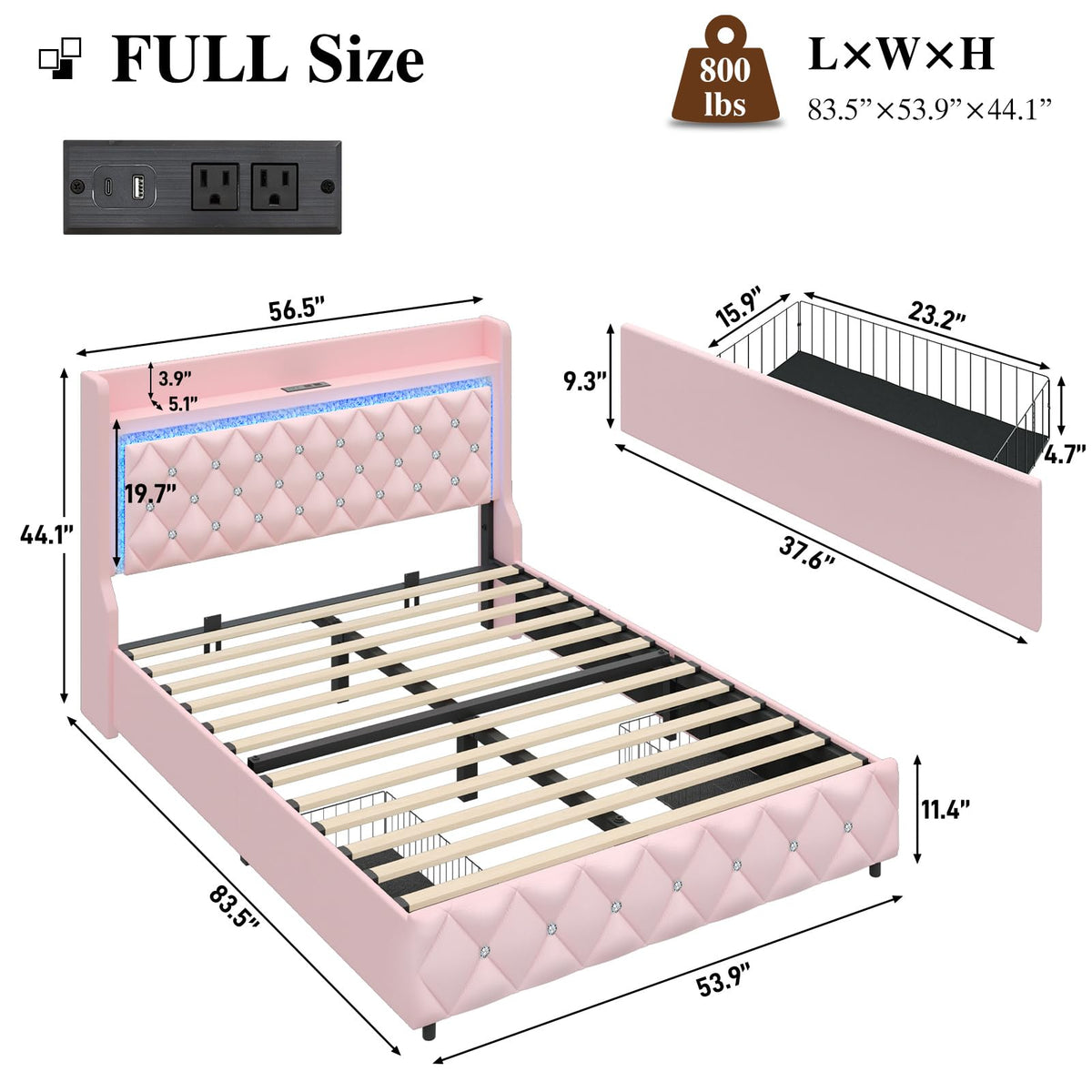 Pink Upholstered Full Size Bed Frame with Storage Headboard and 2 Drawers Y8691