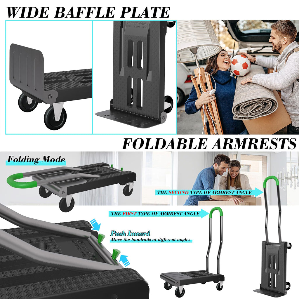 2-in-1 Convertible Hand Truck Dolly, 330LBS Capacity, Foldable Black & Dill Green T3290