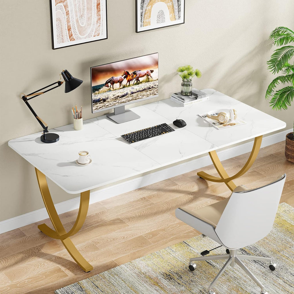 63” Large White and Gold Office Desk R983810