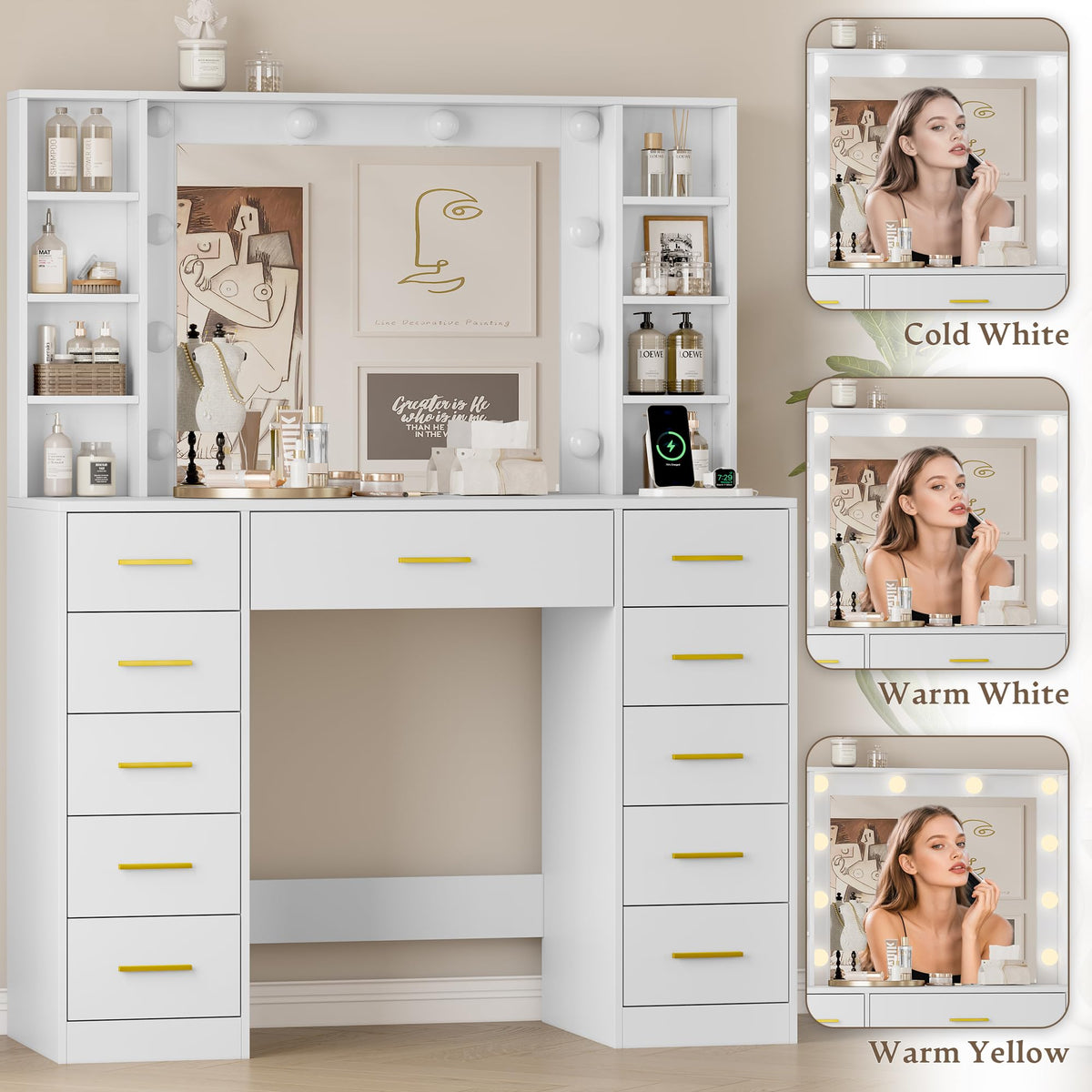 White Makeup Vanity with Mirror and Lights B5227