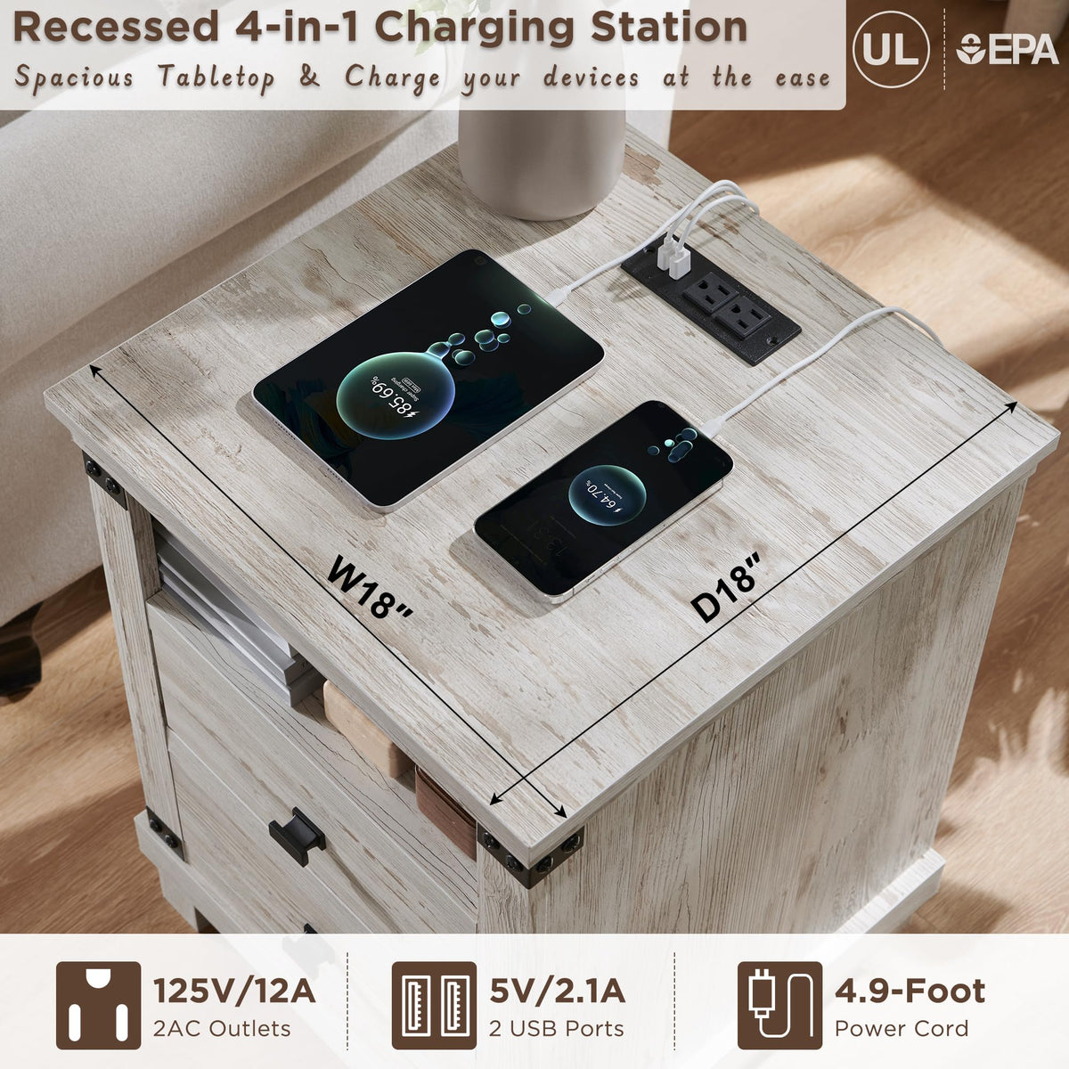 18" Farmhouse Nightstand with Charging Station H693