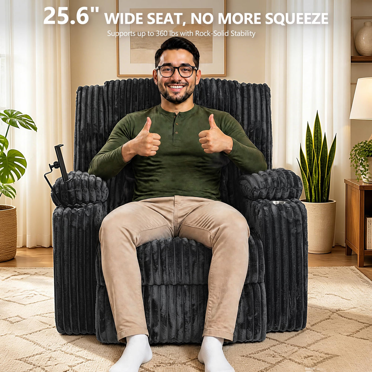 Oversized Power Swivel Rocker Recliner Chair with Vibration Massage & Heat, Dark Gray Corduroy U184