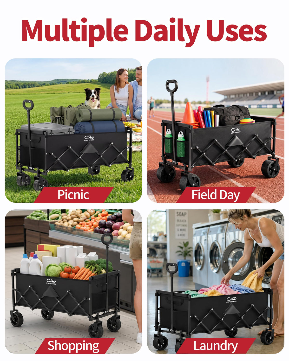34" Extra Long Foldable Wagon with All-Terrain Wheels, 260 LBS Capacity Black Y40473